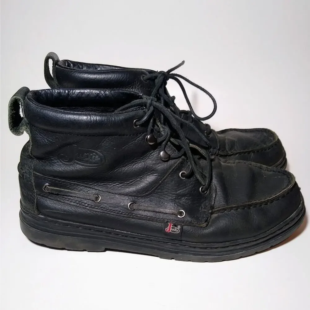 Mens Justin Work Boots Chukka Sz 12M 985 Black Pebbled Leather Lace-up Durable